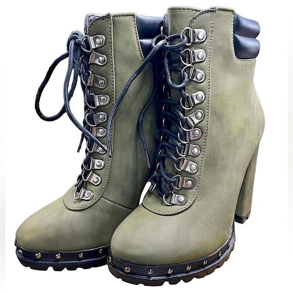 S❤️LD Pazzle l Silver-Studded, Suede Olive Green (& in Tan) Combat Boots Size 6 - Picture 2 of 8
